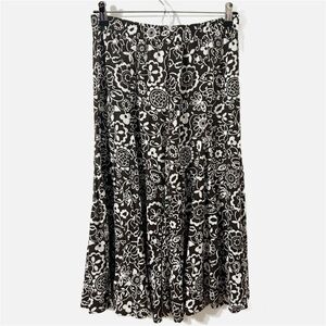 Sag Harbor Petite A-Line Floral Pattern Midi Skirt White Brown Elastic Waistband